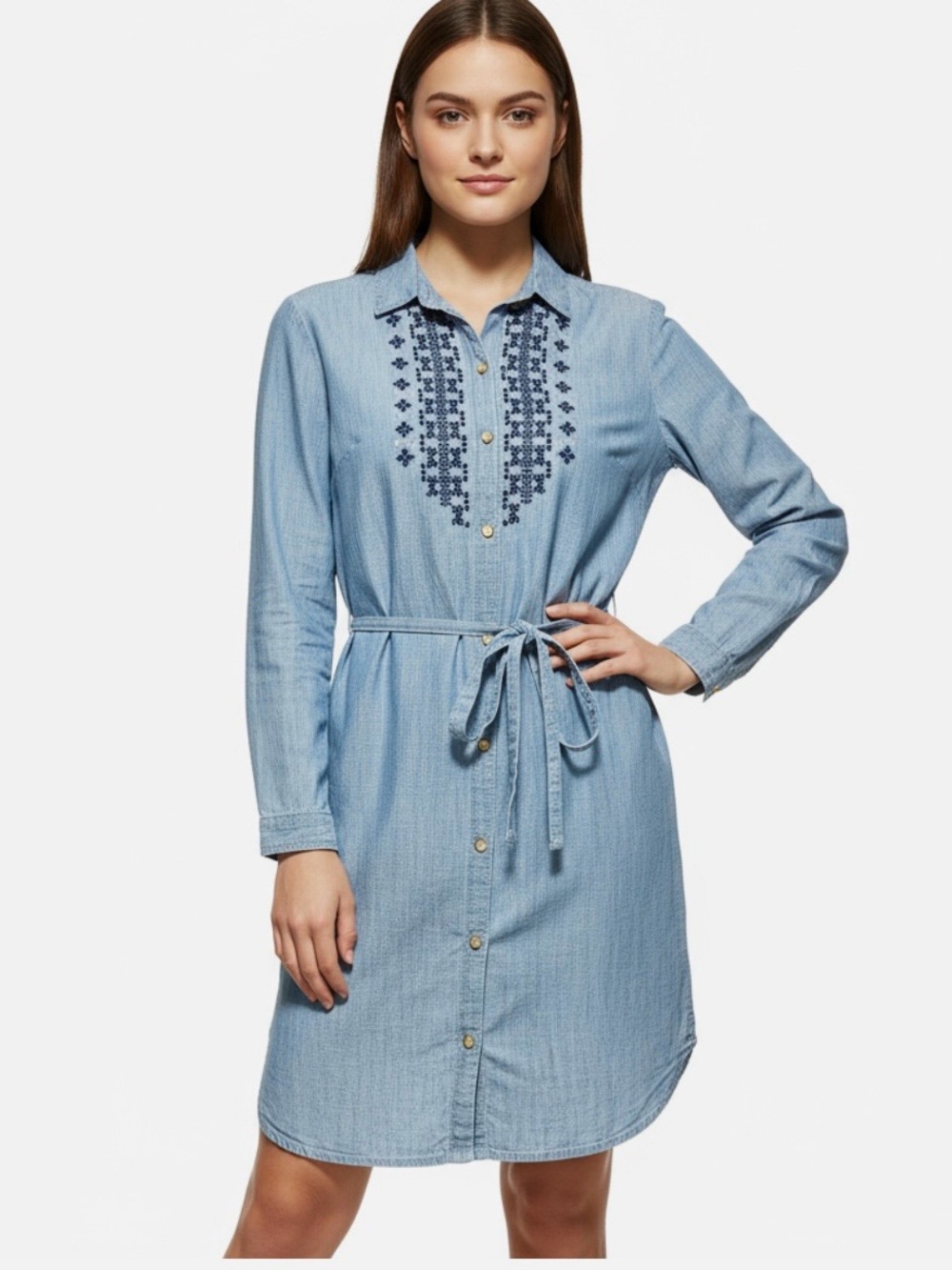 Abercrombie & Fitch denim embroidered Tie Waist shirt dress. Size XS - Picture 2 of 12